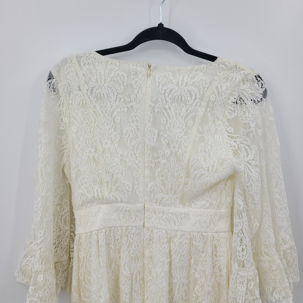 ModCloth Boho Bridal Ivory Floral Lace Mini Dress Bell Sleeves V-Neck Cream Sz S - Picture 9 of 10